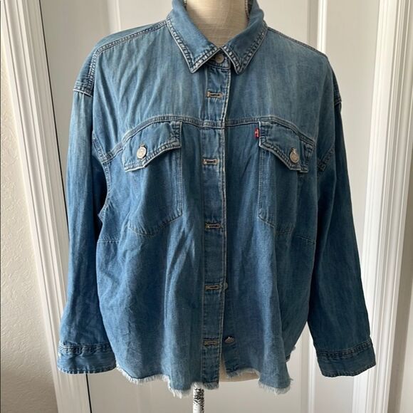 Levi's Med Blue Denim Red Tab Shirt Jacket Frayed Hem SZ 1X - Picture 1 of 11
